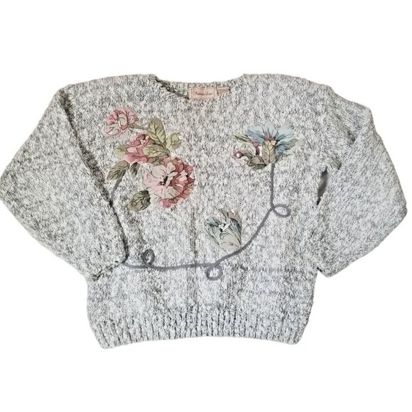 Penbrooke Lane Sweaters - Penbrooke Lane Sweater Womens M Vtg 80s Crewneck Grandma Floral Applique Beads